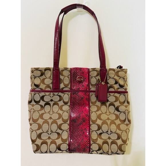 Coach Signature Python Stripe Raspberry Beige Tan shoulder purse bag gently used - Picture 1 of 10